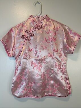 Pink Satin Floral Mandarin Collar Blouse